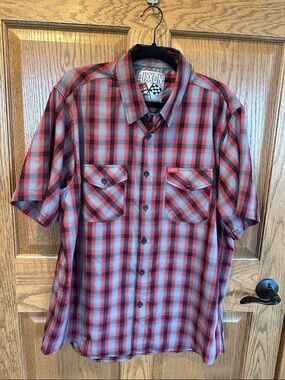 DIXXON  Cameo Red and Black Plaid Short-Sleeve Button Down Shirt